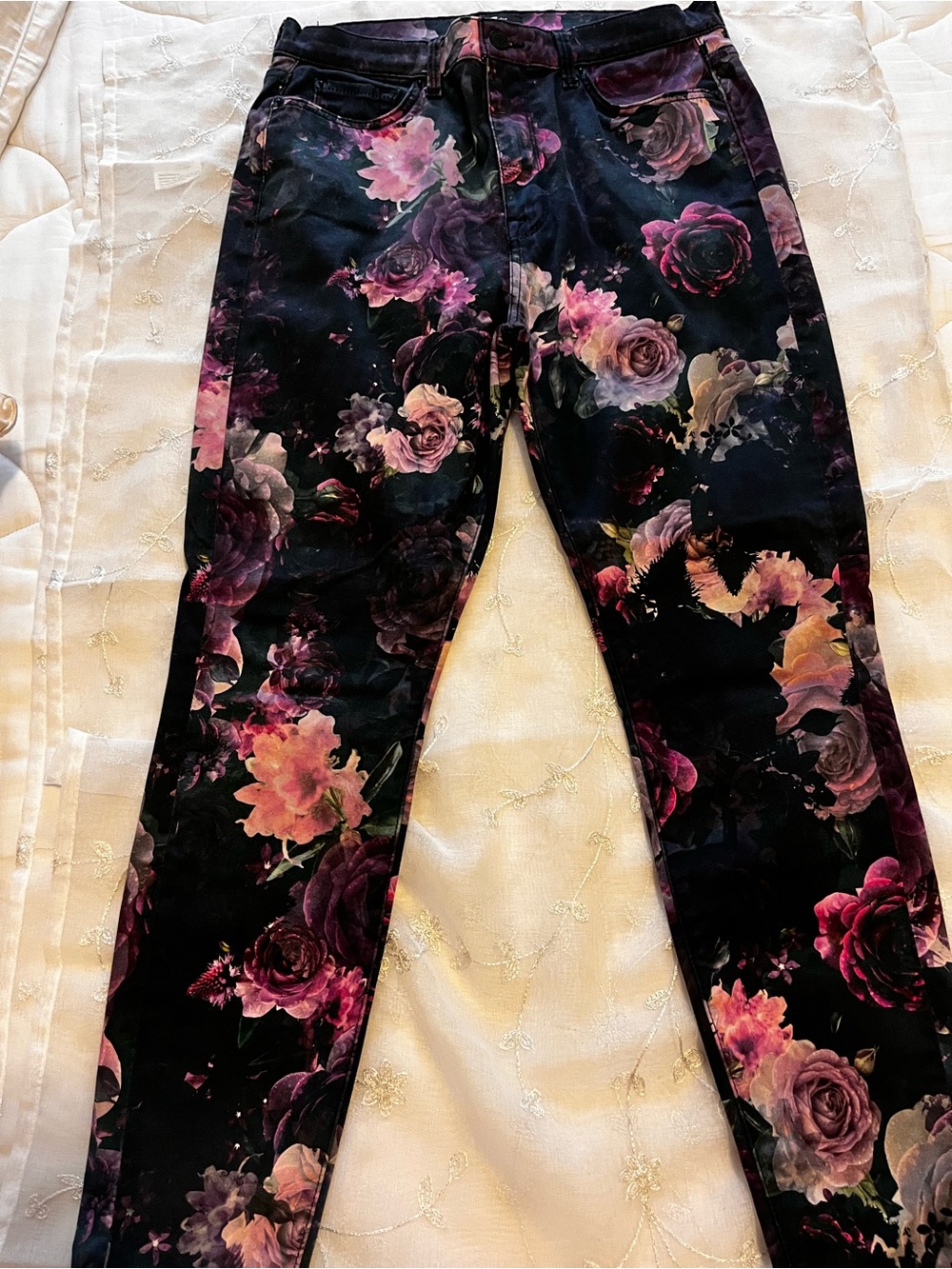7 For All Mankind Black Floral Skinny Jeans with Pink & Purple Roses